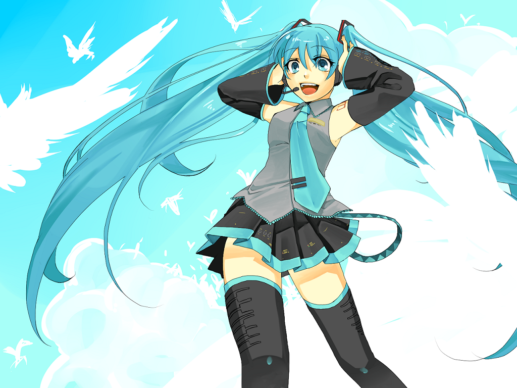 sabu (sa-bu), yuuki (piapro), hatsune miku, vocaloid, 1girl, aqua eyes, aqua hair, bird, cloud, detached sleeves, female focus, headphones, long hair, necktie, skirt, sky, smile, solo, thighhighs, twintails, very long hair, zettai ryouiki