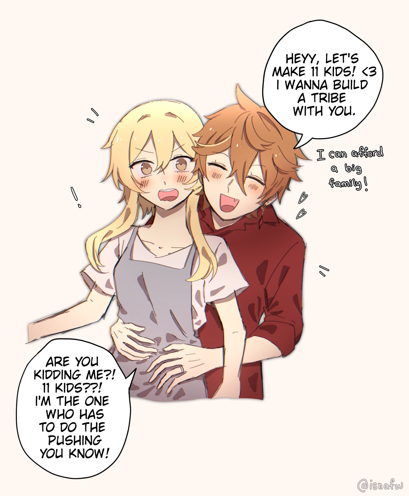 isnafw, lumine (genshin impact), tartaglia (genshin impact), genshin impact, commentary, english commentary, highres, 1boy, blonde hair, blush, english text, hair between eyes, hug, hug from behind, open mouth, orange hair, short hair, short hair with long locks, simple background, yellow eyes