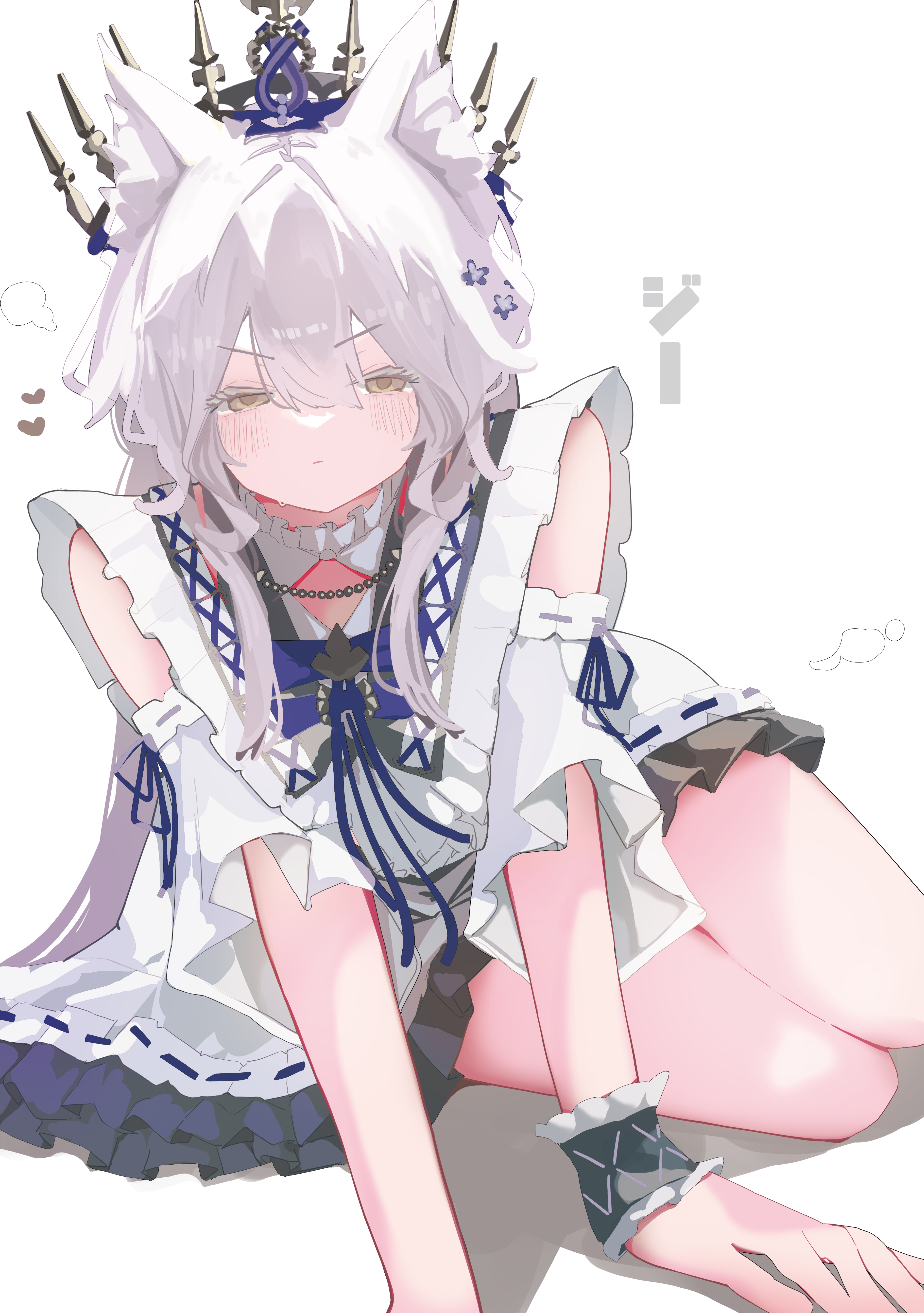 taiiiyakiii, infection monitor (arknights), rosmontis (arknights), arknights, absurdres, commentary request, highres, 1girl, animal ear fluff, animal ears, blue ribbon, blush, cat ears, cat girl, dress, frills, green eyes, grey hair, grin, hair ribbon, long hair, looking at viewer, official alternate costume, parted lips, ponytail, ribbon, rosmontis (an airy dream) (arknights), smile, solo, white background, white dress