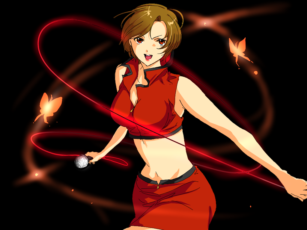 sabu (sa-bu), yuuki (piapro), meiko (vocaloid), vocaloid, 1girl, brown eyes, brown hair, bug, butterfly, female focus, insect, microphone, midriff, pencil skirt, short hair, simple background, skirt, solo