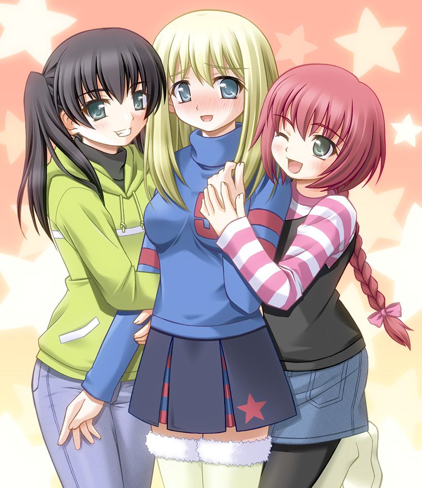 shiumai, sascha, sascha (darker than black), suou pavlichenko, tanya (darker than black), tanya akulova, darker than black, bad id, bad pixiv id, 00s, 3girls, ;d, arm hug, black hair, blonde hair, blue eyes, braid, girl sandwich, green eyes, hood, hoodie, hug, multiple girls, one eye closed, open mouth, pantyhose, pleated skirt, red hair, sandwiched, skirt, smile, star (symbol), thighhighs, twintails, zettai ryouiki