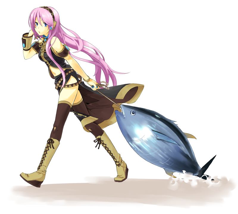 sabu (sa-bu), yuuki (piapro), megurine luka, vocaloid, 1girl, aqua eyes, female focus, fish, headphones, long hair, pink hair, simple background, skirt, solo, thighhighs, tuna, zettai ryouiki