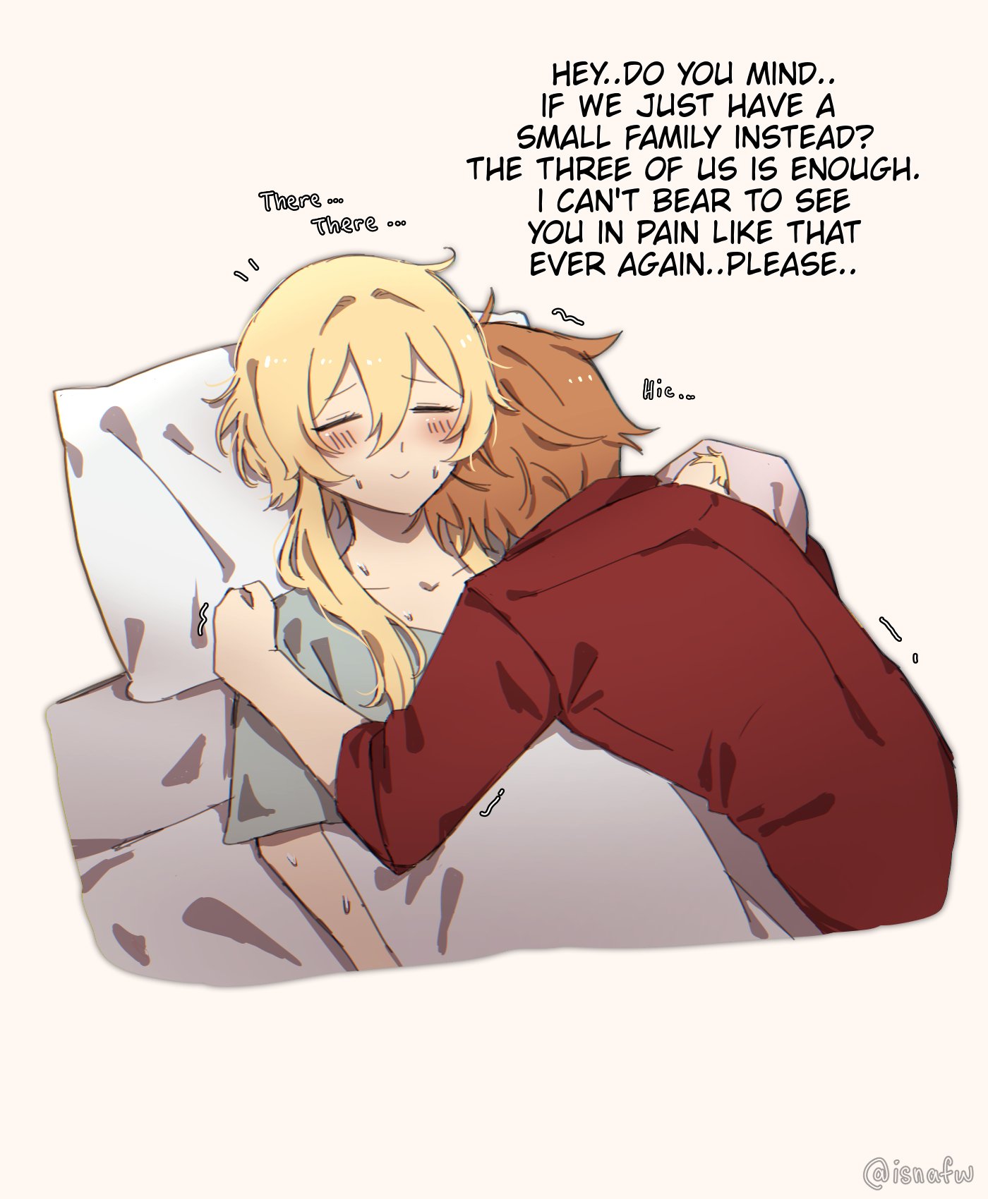 isnafw, lumine (genshin impact), tartaglia (genshin impact), genshin impact, commentary, english commentary, highres, 1boy, 1girl, baby, blonde hair, blush, english text, hair between eyes, hug, open mouth, orange hair, short hair, short hair with long locks, simple background, trembling
