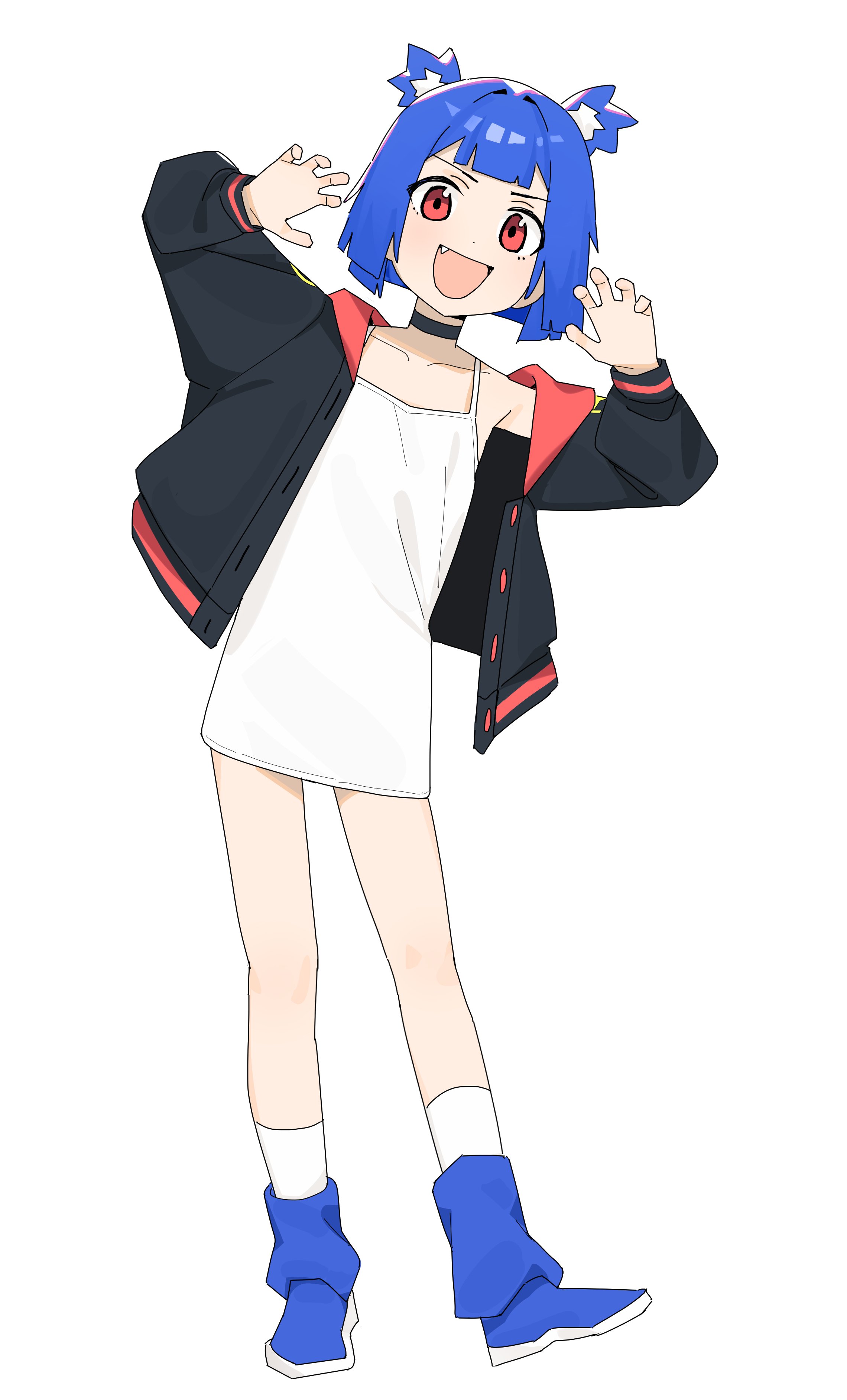 ri-el, gris (go! go! gris!), go! go! gris!, absurdres, highres, 1girl, :d, animal ears, bear ears, black choker, black jacket, blue hair, blue shoes, choker, claw pose, collarbone, dress, fang, full body, jacket, leaning to the side, open clothes, open jacket, open mouth, red eyes, shoes, short dress, simple background, smile, socks, solo, standing, white background, white dress