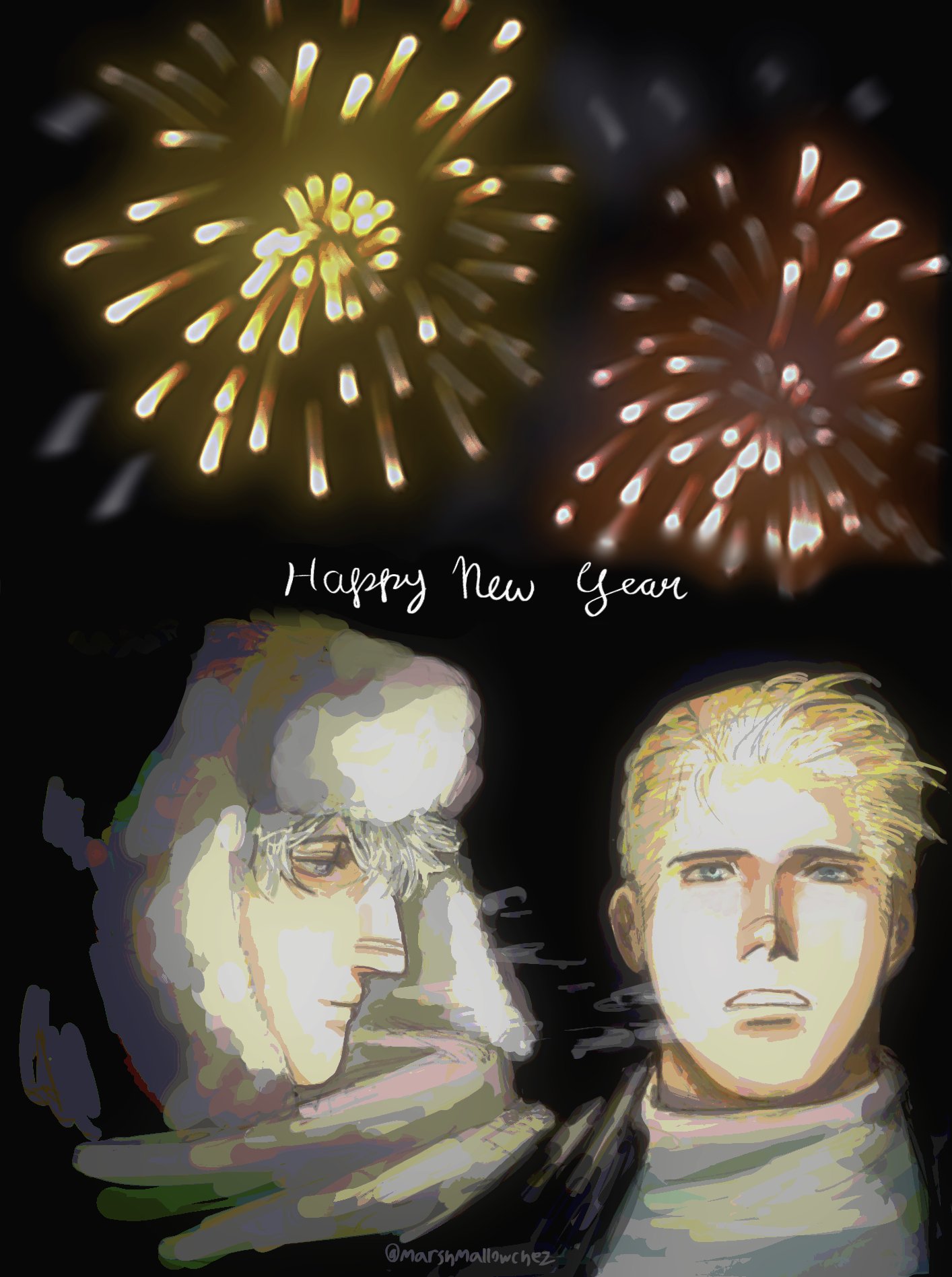 germany (hetalia), russia (hetalia), axis powers hetalia, commentary, english commentary, highres, 2boys, artist name, black hat, black jacket, black sky, blonde hair, blue eyes, closed mouth, english text, fireworks, fur-trimmed headwear, fur trim, gee (marshmallowchez), grey hair, hair between eyes, half-closed eyes, happy new year, hat, jacket, lips, looking ahead, looking at another, male focus, multiple boys, new year, night, open clothes, open jacket, outdoors, purple eyes, scarf, short hair, sky, smile, sweater, teeth, turtleneck, turtleneck sweater, two-sided fabric, two-sided headwear, upper body, ushanka, white hat, white scarf, white sweater