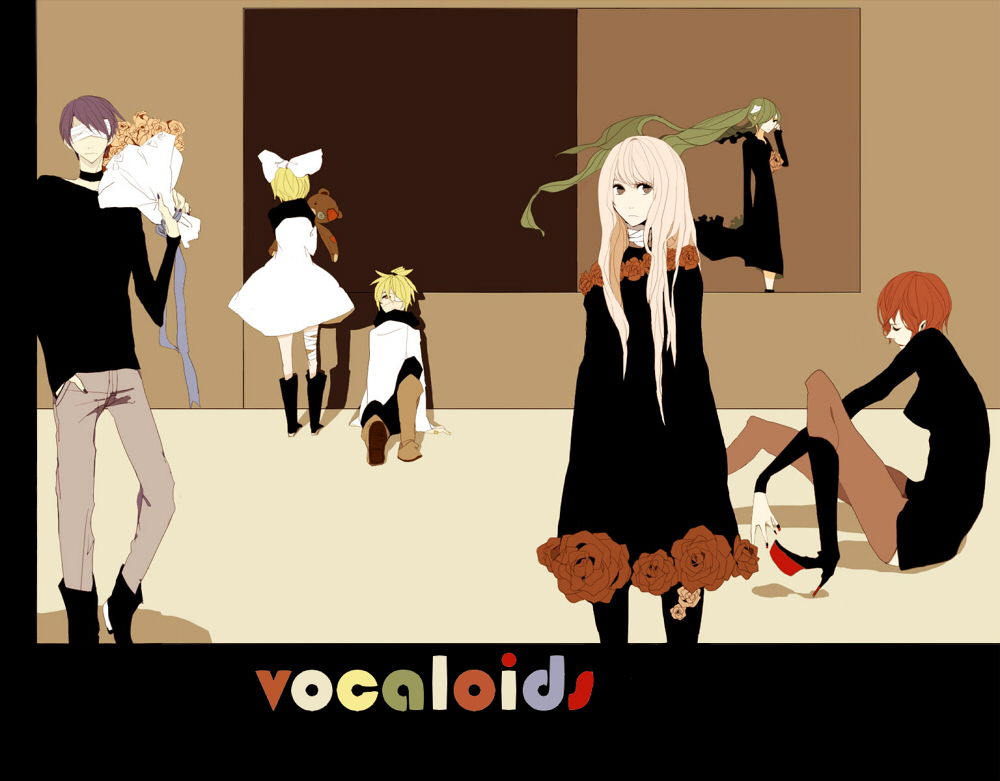 kee, hatsune miku, kagamine len, kagamine rin, kaito (vocaloid), megurine luka, meiko (vocaloid), vocaloid, bad id, bad pixiv id, 2boys, 4girls, bandages, bow, dress, flower, long hair, multiple boys, multiple girls, pantyhose, pink hair, short hair, thighhighs, twintails