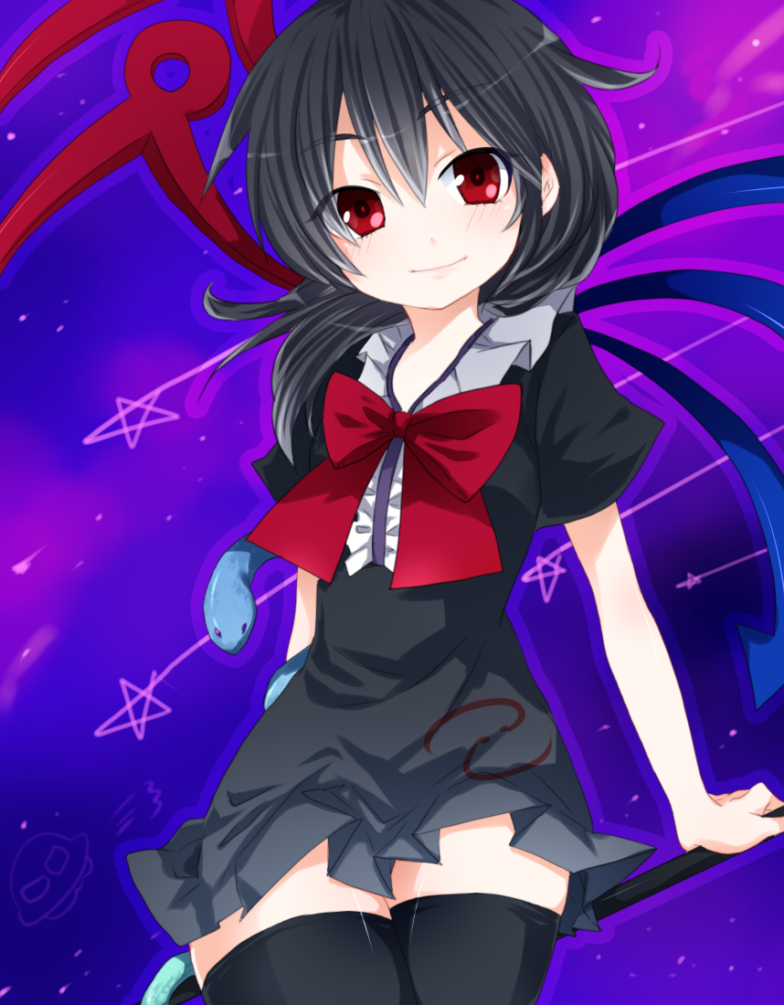 amaya enaka, tentani, houjuu nue, touhou, bad id, bad pixiv id, 1girl, black hair, black thighhighs, bow, dress, female focus, polearm, red eyes, short hair, sitting, snake, solo, thighhighs, weapon, wings, zettai ryouiki