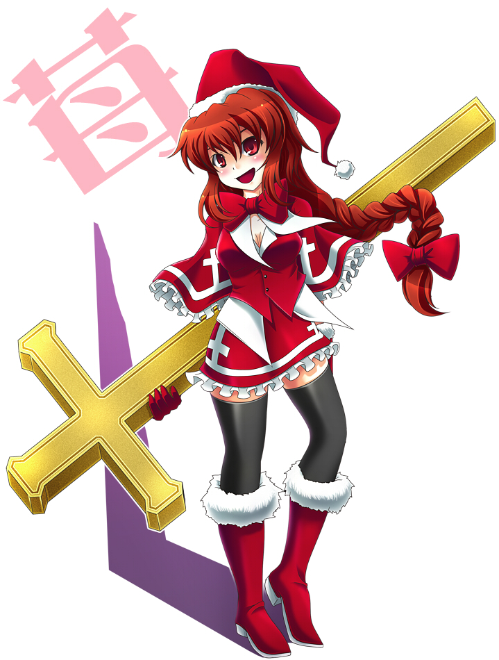 koto tsubane, okazaki yumemi, phantasmagoria of dim.dream, touhou, touhou (pc-98), 1girl, braid, breasts, cleavage, cross, female focus, hat, long hair, red eyes, red hair, santa hat, solo, thighhighs
