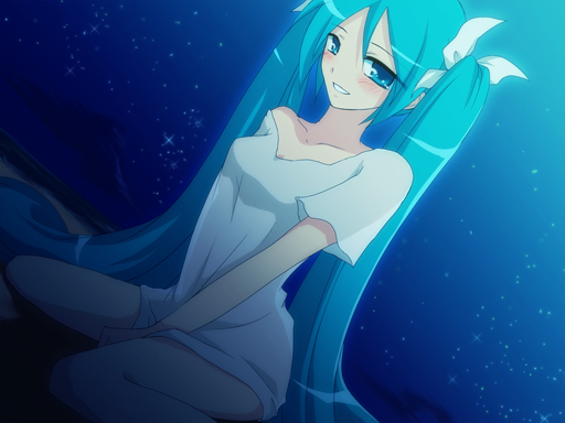 yuuatamaebi, hatsune miku, vocaloid, 1girl, aqua eyes, aqua hair, blush, dress, female focus, hair ribbon, long hair, outdoors, ribbon, short dress, sitting, sky, smile, solo, twintails, wariza