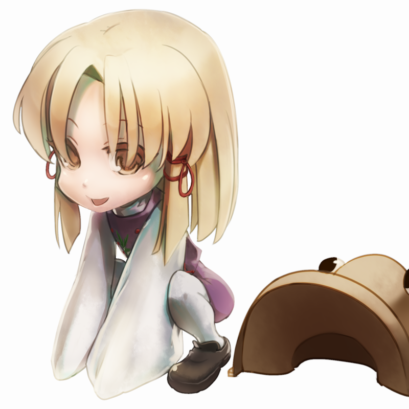 chirigami-san, moriya suwako, touhou, bad id, bad pixiv id, 1girl, blonde hair, chibi, female focus, hat, short hair, solo, squatting, thighhighs, unworn hat, unworn headwear, white thighhighs, wide sleeves, yellow eyes