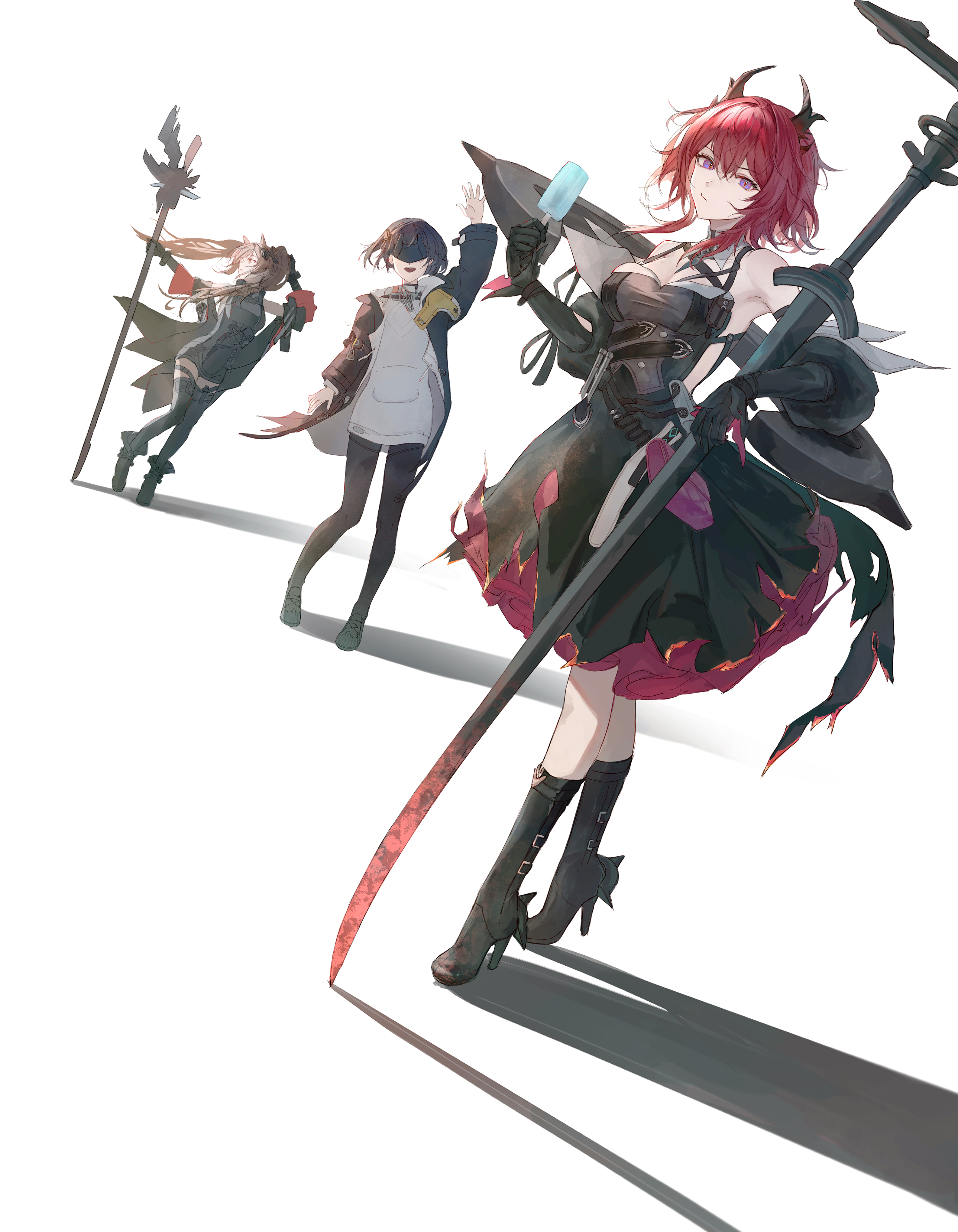 fia xiang, angelina (arknights), endministrator (arknights), female endministrator (arknights), gilberta (arknights), laevatein (arknights), surtr (arknights), arknights, arknights: endfield, absurdres, commentary, highres, symbol-only commentary, 3girls, bare shoulders, black hair, breasts, brown hair, detached sleeves, food, holding, holding food, holding popsicle, holding weapon, large breasts, long hair, looking at viewer, multiple girls, popsicle, red hair, simple background, smile, weapon, white background