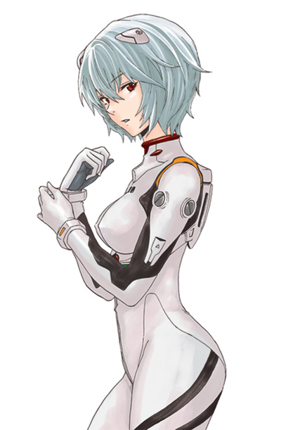 coelacanth (gyotaku), ayanami rei, neon genesis evangelion, silver hair, 1girl, blue hair, bodysuit, bracer, breasts, clenched hand, cowboy shot, female focus, from side, gloves, hair between eyes, hair ornament, holding own arm, looking at viewer, looking back, mecha pilot suit, parted lips, plugsuit (evangelion), red eyes, short hair, simple background, solo, turtleneck, white background