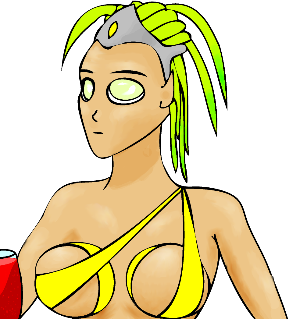 alien, bikini, breasts, green hair, swimsuit