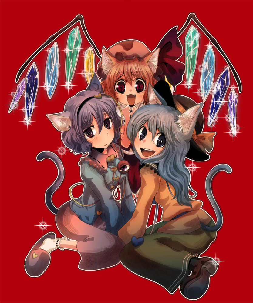 cream (nipakupa), flandre scarlet, komeiji koishi, komeiji satori, touhou, silver hair, bad id, bad pixiv id, 3girls, animal ears, blonde hair, cat ears, cat girl, cat tail, cosplay, female focus, hairband, hat, heart, kemonomimi mode, multiple girls, purple eyes, purple hair, red eyes, short hair, siblings, sisters, tail, wings