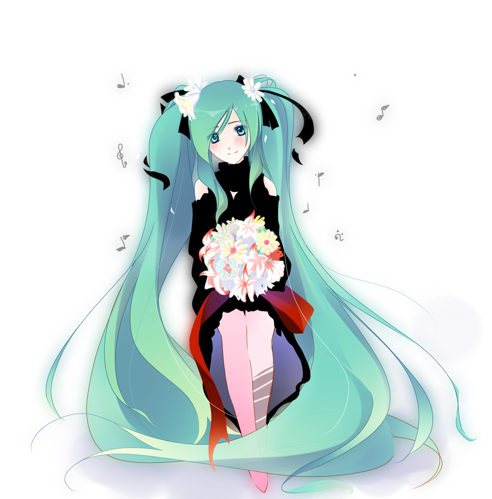 tokei, hatsune miku, saihate (vocaloid), vocaloid, bad id, bad piapro id, 1girl, aqua eyes, aqua hair, bouquet, dress, female focus, flower, gradient background, hair flower, hair ornament, hair ribbon, long hair, musical note, ribbon, simple background, smile, solo, twintails, very long hair, white background