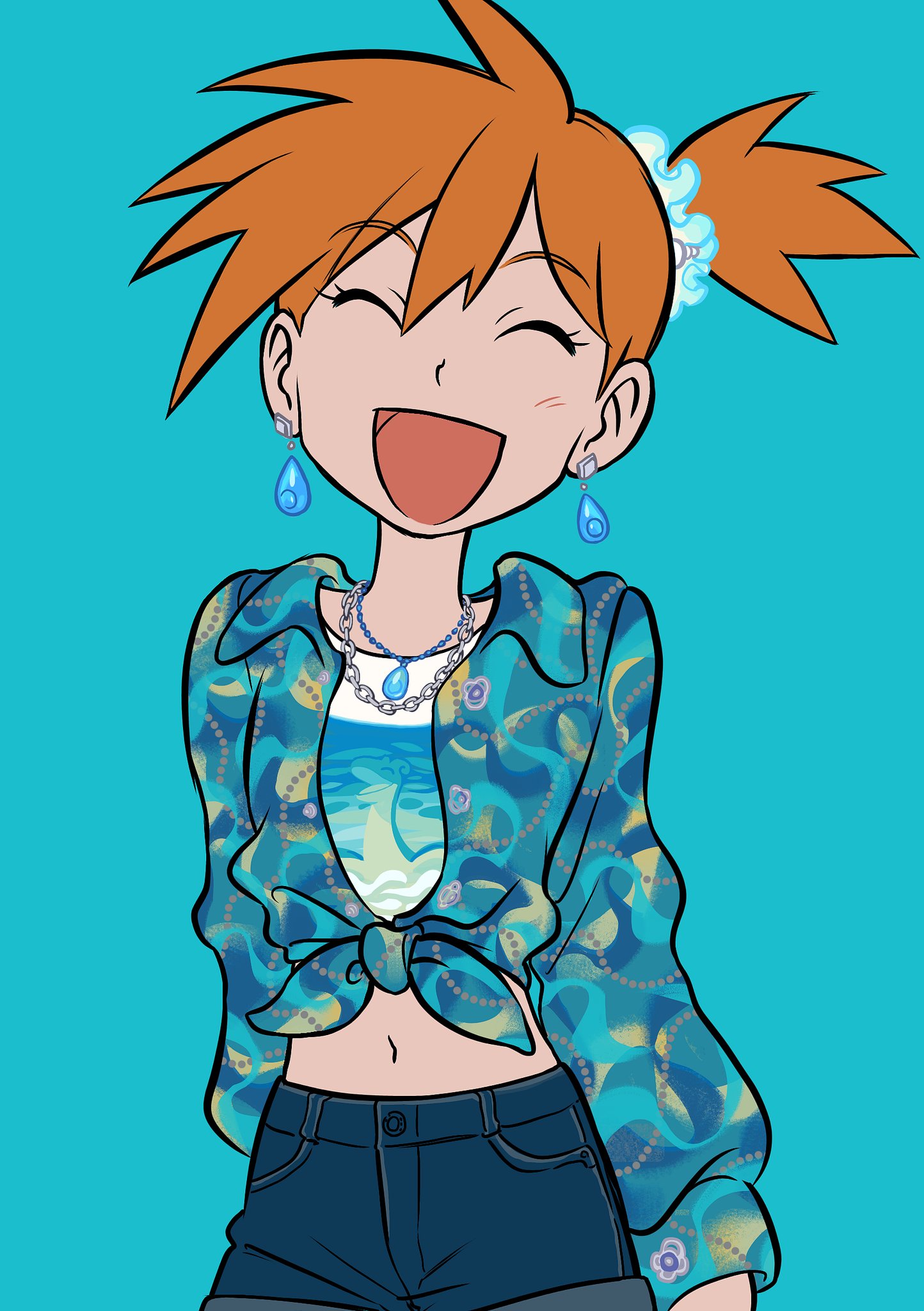 elizabeth (tomas21), misty (pokemon), nintendo, pokemon, pokemon (anime), pokemon (classic anime), pokemon rgby, 1girl, :d, alternate costume, animal print, aqua background, aqua shirt, bird print, blue background, blue scrunchie, blue shorts, blush, character print, closed eyes, collared shirt, cowboy shot, denim, denim shorts, earrings, eyelashes, facing viewer, fish print, gem, green shirt, green shorts, hair between eyes, hair ornament, hair scrunchie, happy, hawaiian shirt, jewelry, long sleeves, midriff, navel, necklace, one side up, open clothes, open mouth, orange hair, ponytail, print shirt, scrunchie, shell, shirt, short hair, shorts, side ponytail, simple background, smile, solo, tied shirt, tongue, white shirt