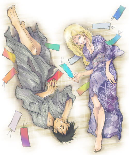 ryousibu, kimberley, tai ho, gensou suikoden, gensou suikoden i, 1boy, 1girl, barefoot, black hair, blonde hair, blue eyes, couple, earrings, feet, japanese clothes, jewelry, kimono, long hair, lying, short hair