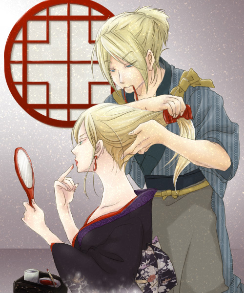 ryousibu, kimberley, yam koo, gensou suikoden, gensou suikoden i, 1boy, 1girl, blonde hair, blue eyes, comb, earrings, japanese clothes, jewelry, kimono, long hair, makeup, mirror, short hair