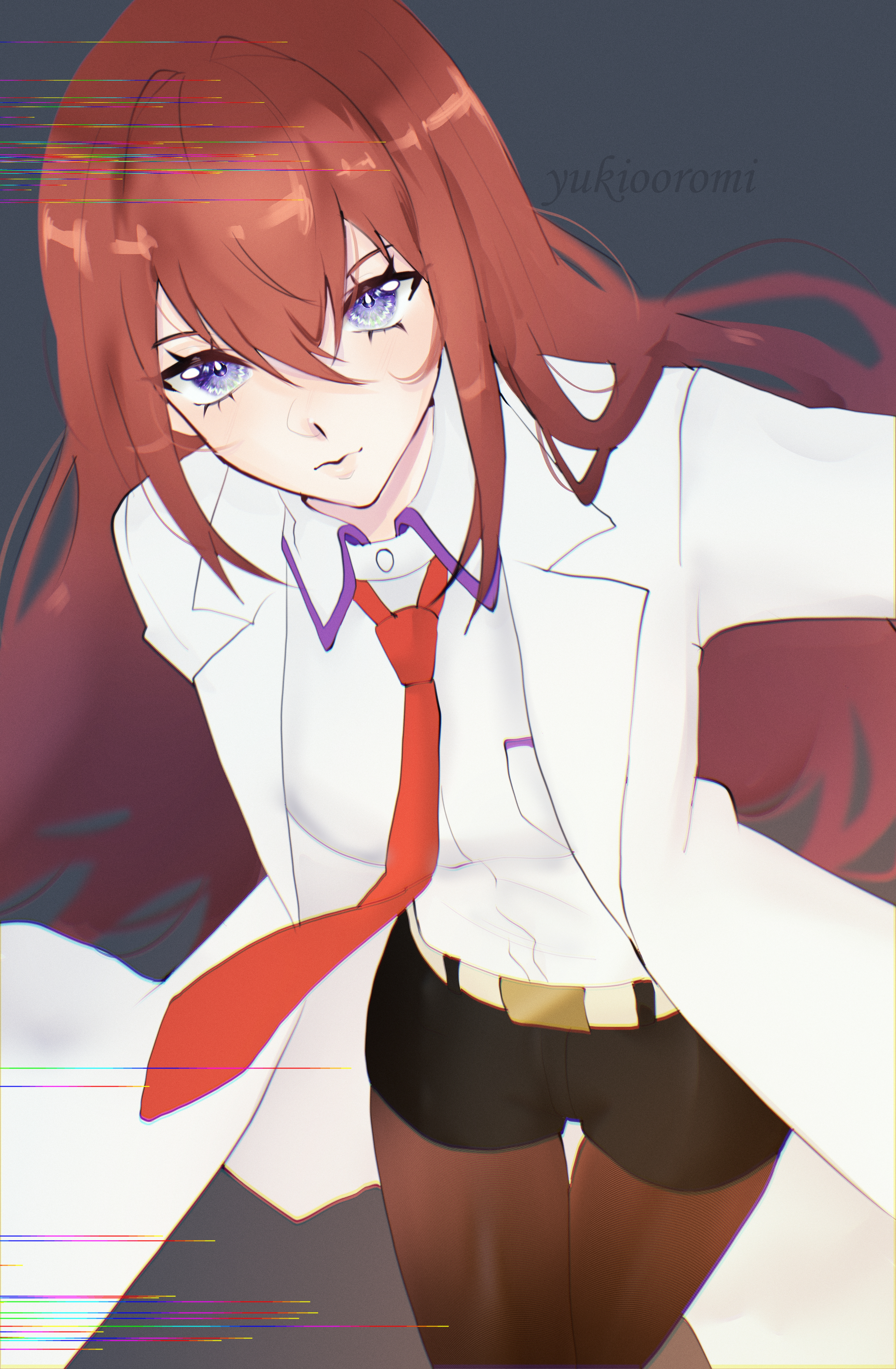 makise kurisu, makise kurisu (amadeus), science adventure, steins;gate, steins;gate 0, absurdres, commentary, english commentary, highres, 1girl, belt, black shorts, collared shirt, dress shirt, hair between eyes, lab coat, long hair, long sleeves, looking at viewer, necktie, pantyhose, purple eyes, red necktie, shirt, short shorts, shorts, solo, user ptut8542