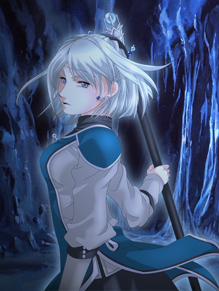 yumi (pixiv275460), sarah (suikoden iii), gensou suikoden, gensou suikoden iii, 1girl, blonde hair, blue eyes, dress, earrings, female focus, jewelry, necklace, short hair, solo, staff