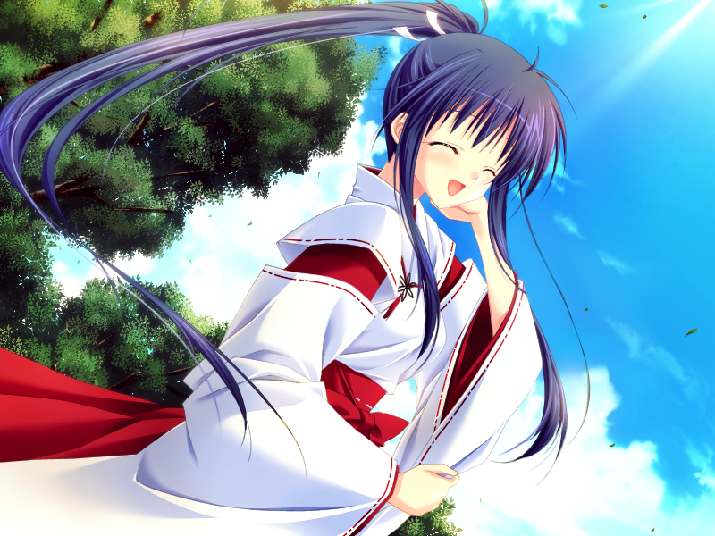 choco chip, amato saori, sara sara sasara, game cg, 1girl, ^ ^, arm behind head, blue hair, breasts, closed eyes, dutch angle, from side, hakama, japanese clothes, long hair, medium breasts, miko, open mouth, outdoors, ponytail, red hakama, smile, tree
