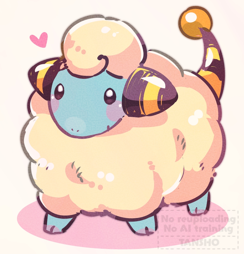 tansho, mareep, nintendo, pokemon, commentary request, animal focus, blush, closed mouth, gen 2 pokemon, heart, looking at viewer, no humans, pokemon (creature), pokemon focus, sheep, smile, solo, tail, wool