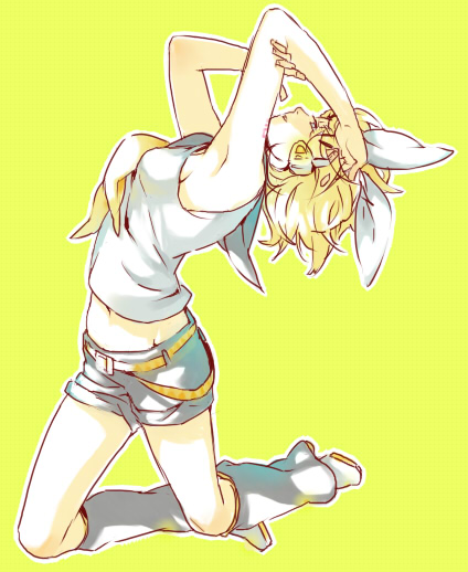 ichikoku, kagamine rin, vocaloid, 1girl, armpits, blonde hair, female focus, full body, hair ornament, hair ribbon, hairclip, headphones, ribbon, short hair, shorts, simple background, solo