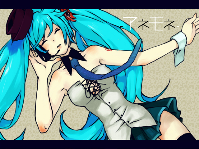 ichikoku, hatsune miku, vocaloid, 1girl, aqua hair, closed eyes, female focus, hat, long hair, necktie, skirt, solo, thighhighs, twintails, very long hair, wrist cuffs, zettai ryouiki