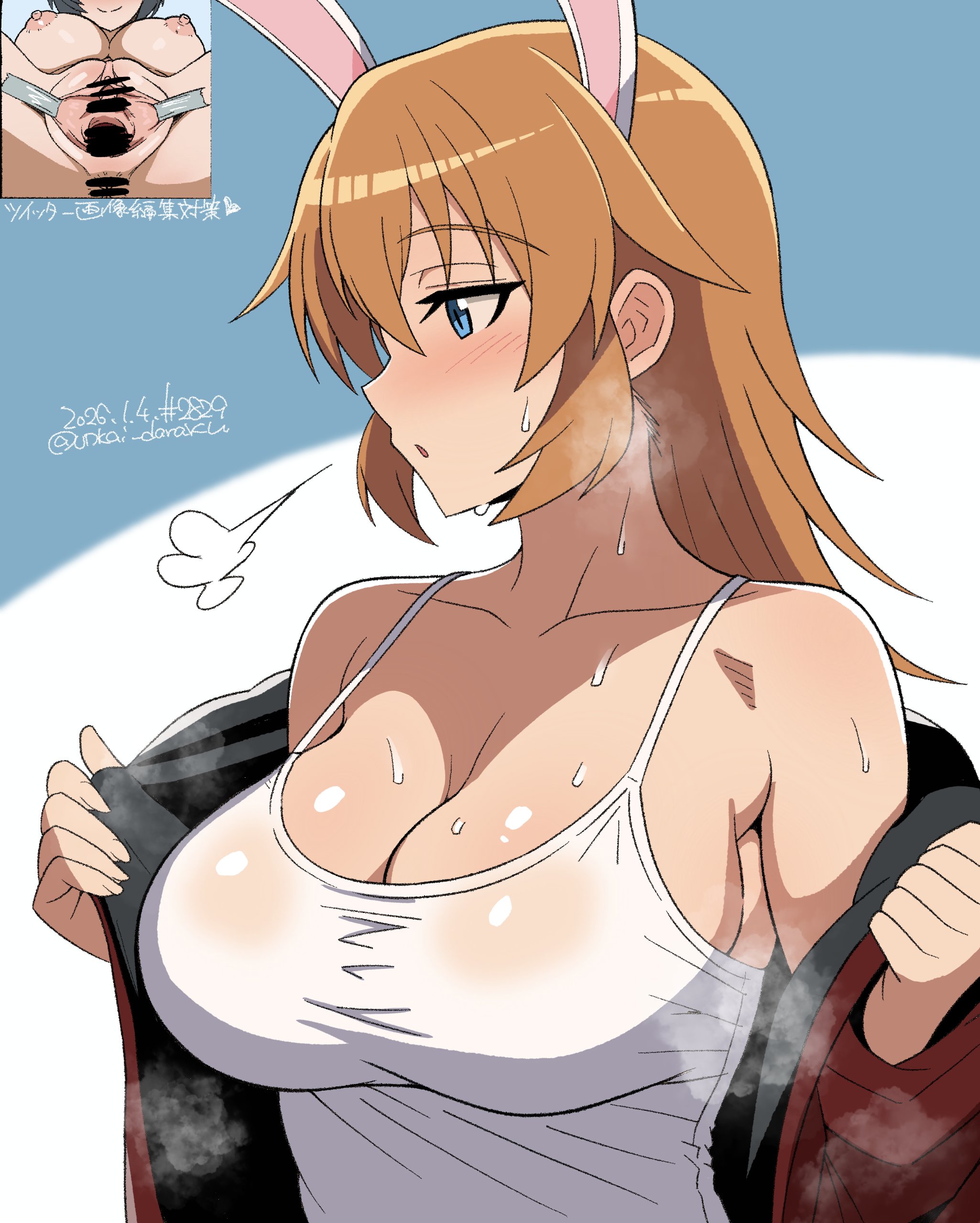 unkai daraku, charlotte e. yeager, shimohara sadako, brave witches, strike witches, world witches series, absurdres, commentary request, highres, translation request, 2girls, :o, animal ears, blue background, blue eyes, blush, breasts, censored, completely nude, jacket, large breasts, long hair, long sleeves, multiple girls, nipples, nude, open clothes, orange hair, pussy, rabbit ears, rabbit girl, red jacket, spread pussy, standing, sweat, upper body