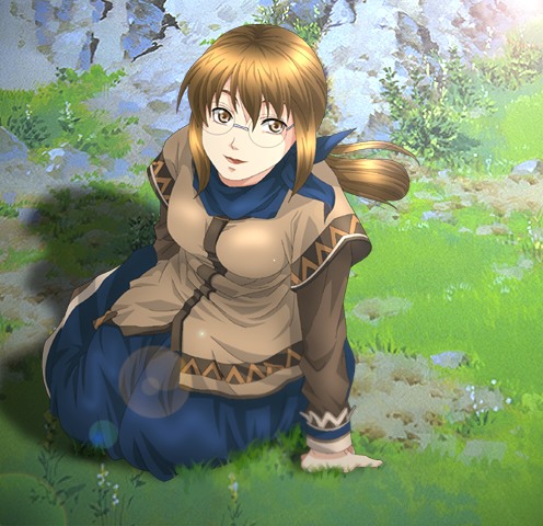 yumi (pixiv275460), apple (suikoden), gensou suikoden, gensou suikoden iii, lowres, 1girl, breasts, brown eyes, brown hair, dress, female focus, full body, glasses, long hair, nature, outdoors, sitting, solo
