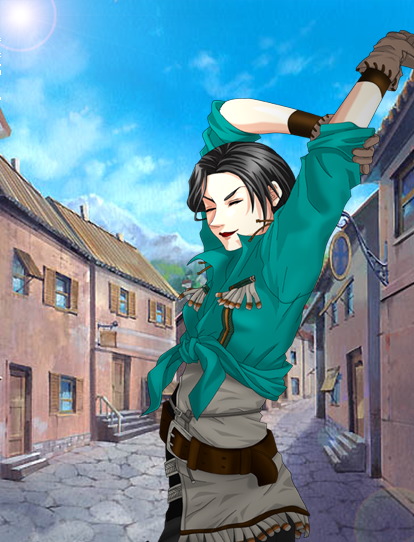 yumi (pixiv275460), queen (suikoden), gensou suikoden, gensou suikoden iii, 1girl, arms up, belt, black hair, closed eyes, female focus, gloves, lipstick, makeup, outdoors, road, short hair, sky, solo, street, stretching