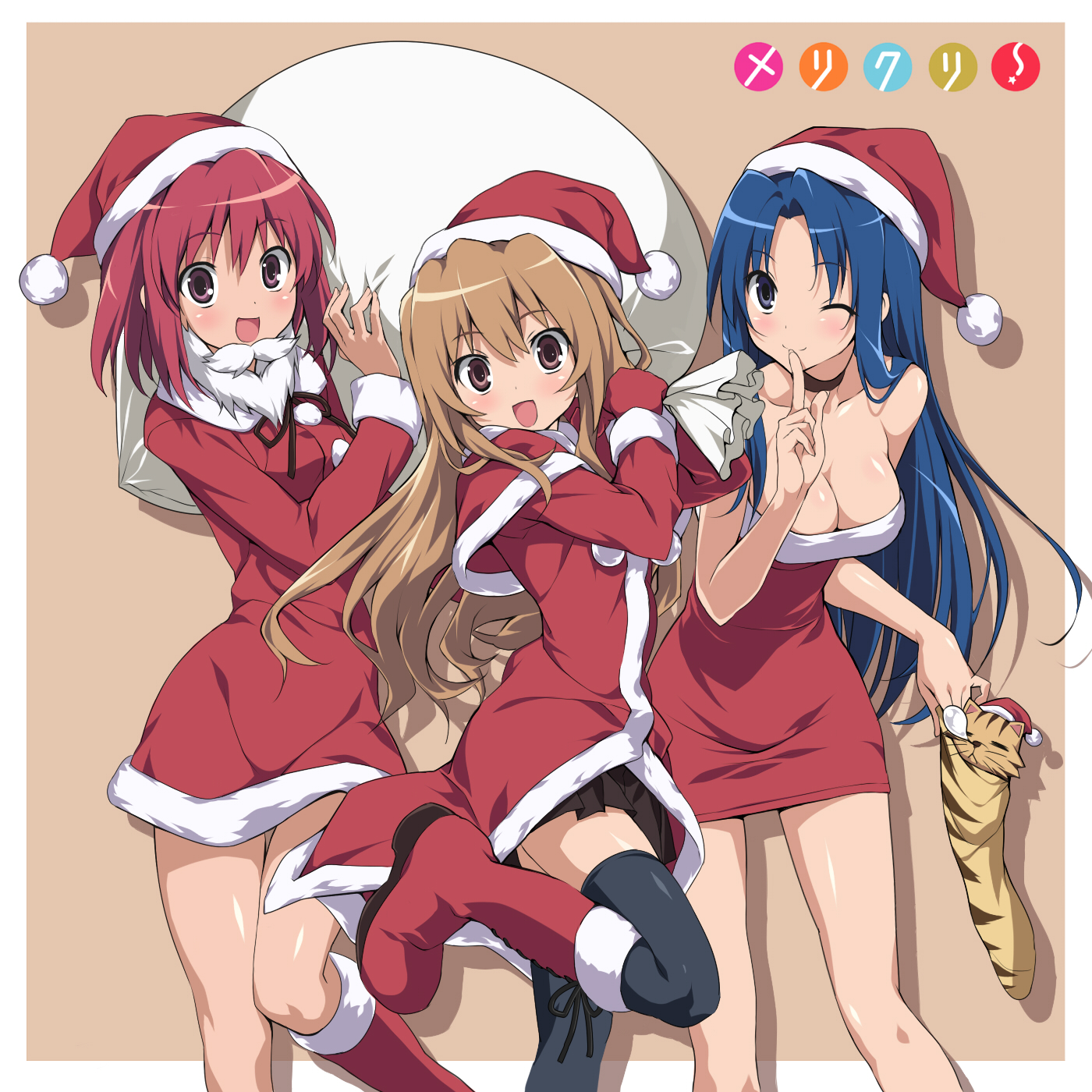 koku, aisaka taiga, kawashima ami, kushieda minori, toradora!, bad id, highres, 00s, 3girls, bag, blue eyes, blue hair, boots, breasts, brown eyes, brown hair, christmas, cleavage, finger to mouth, gloves, hat, large breasts, latex, long hair, multiple girls, official style, open mouth, petite, red hair, sack, santa costume, santa hat, short hair, smile, thighhighs
