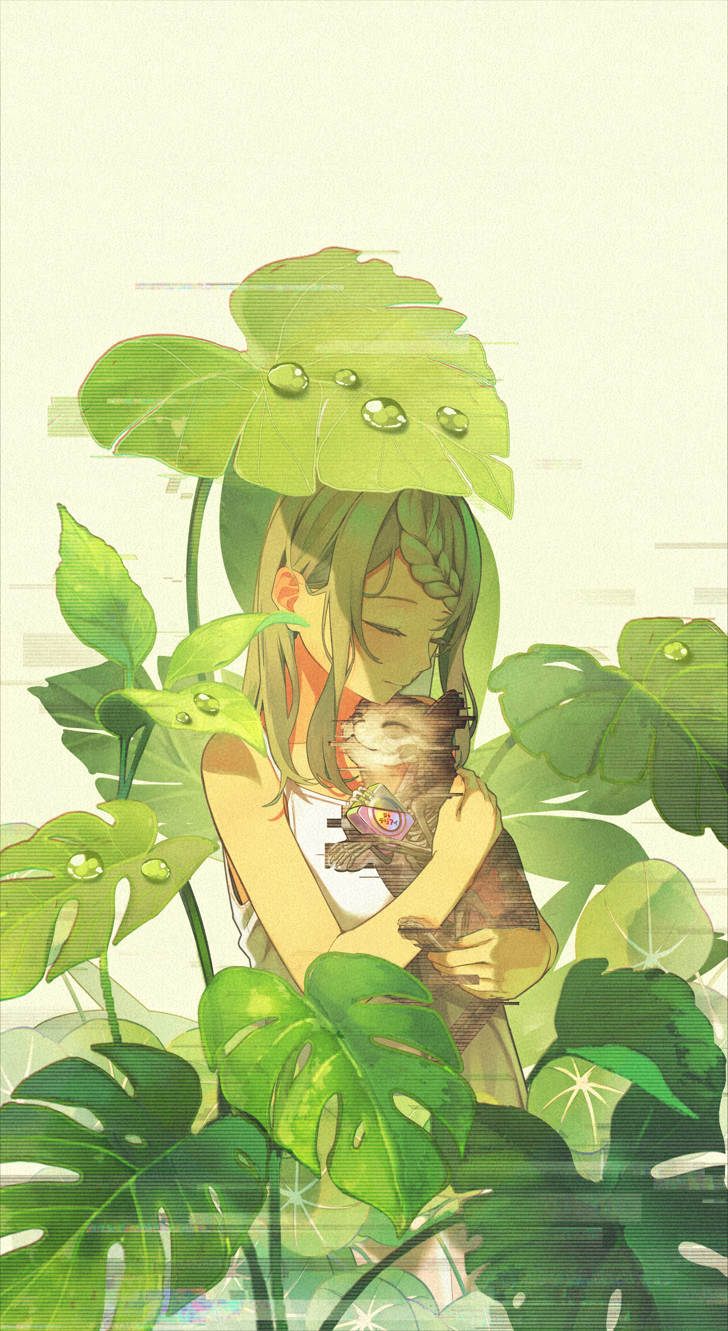 fujiwara mizuki, original, absurdres, commentary request, highres, translation request, 1girl, animal, animal hug, animal skeleton, bare arms, bare shoulders, braid, braided bangs, brown hair, cat, closed eyes, closed mouth, collarbone, dress, grey background, leaf, sleeveless, sleeveless dress, solo, water drop, white dress, x-ray