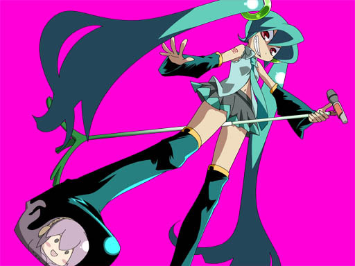 yanagi takashi, hatsune miku, megurine luka, takoluka, vocaloid, 2girls, boots, cameo, female focus, long hair, microphone, microphone stand, multiple girls, red eyes, simple background, skirt, smile, solo, spring onion, thigh boots, thighhighs, twintails, very long hair, zettai ryouiki