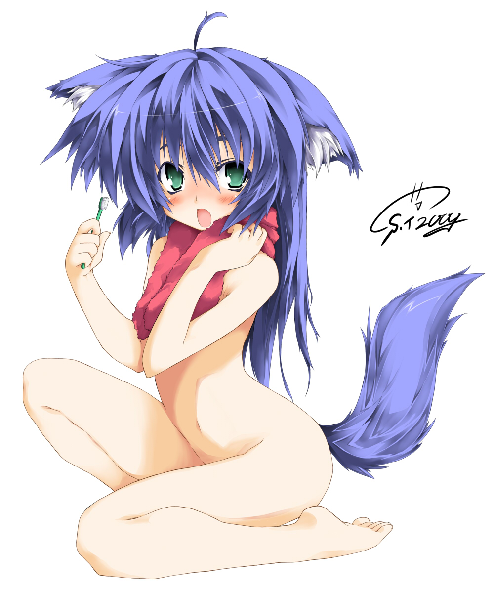 take shinobu, takesinobu, original, bad id, bad pixiv id, highres, 1girl, ahoge, animal ears, barefoot, blush, dog ears, dog tail, female focus, nude, signature, simple background, solo, tail, toothbrush, towel