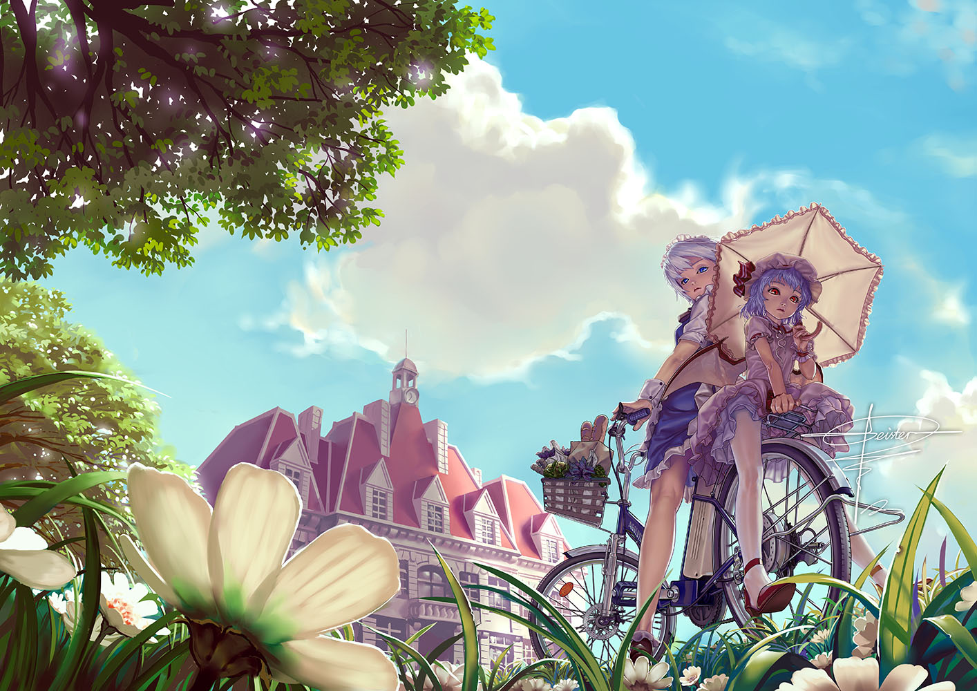 geister, izayoi sakuya, remilia scarlet, touhou, silver hair, jpeg artifacts, 2girls, bag, bare legs, basket, bat wings, bicycle, blue dress, blue eyes, blue hair, blue sky, bread, building, clock, clock tower, cloud, day, dress, female focus, field, flower, flower field, food, frilled dress, frills, from below, groceries, hat, holding, holding umbrella, house, legs, lips, lipstick, looking at viewer, looking back, maid headdress, makeup, mansion, mob cap, multiple girls, multiple riders, pantyhose, paper bag, parasol, pink dress, red eyes, ribbon-trimmed sleeves, ribbon trim, riding, scarlet devil mansion, short hair, signature, sitting, sitting backwards, sky, sunlight, swept bangs, tower, tree, umbrella, white pantyhose, wings, wrist cuffs