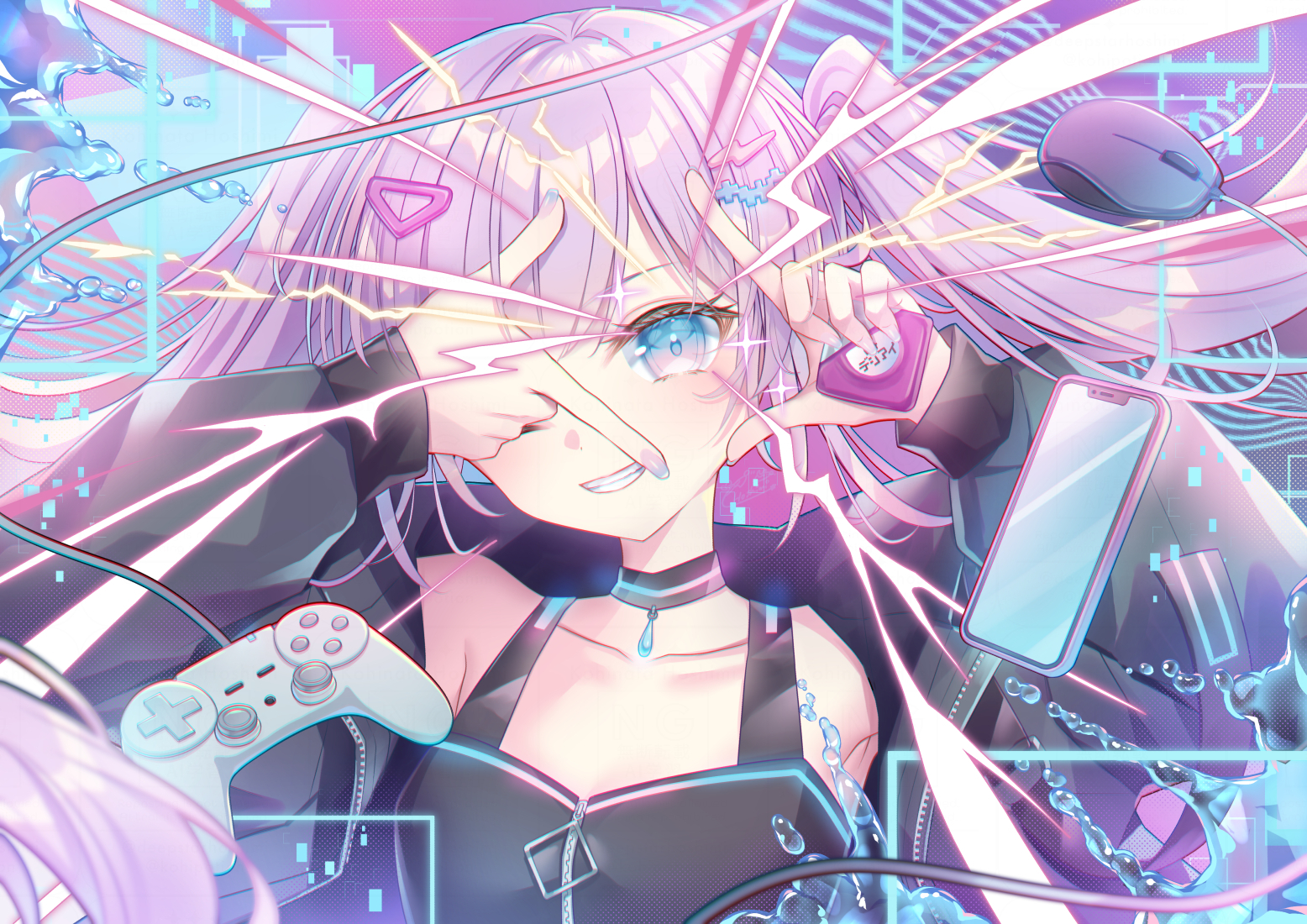 kohinata hoshimi, original, commentary request, translation request, 1girl, black dress, black jacket, blue eyes, cellphone, collarbone, computer mouse, controller, dress, finger frame, finger frame over eye, floating hair, game controller, glowing, grin, hair ornament, holding, jacket, lightning bolt, lightning bolt hair ornament, lightning bolt symbol, long hair, looking at viewer, nail art, nail polish, one eye closed, open clothes, open jacket, phone, smile, solo, twintails, upper body, very long hair, water