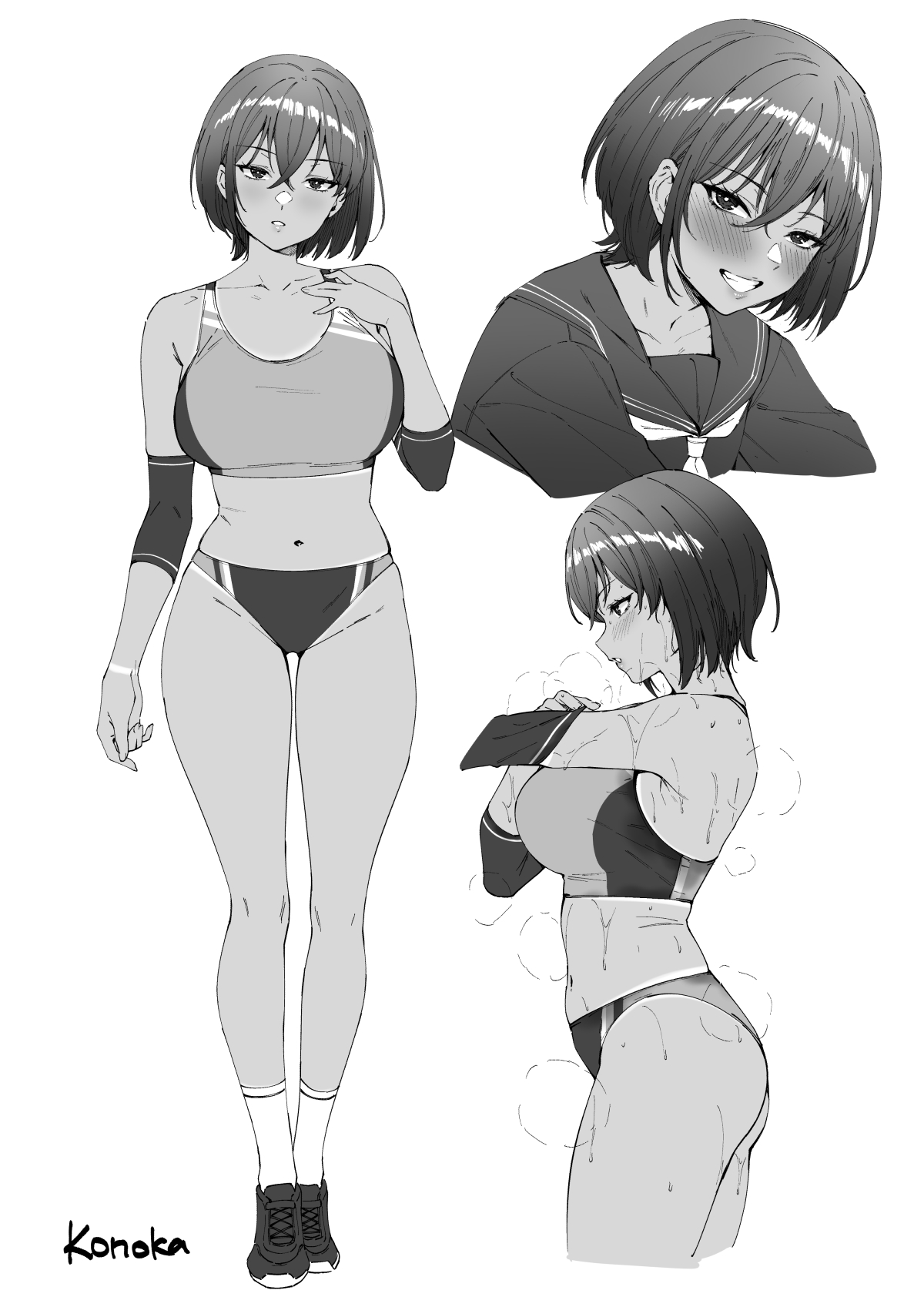 deras, original, commentary, english commentary, highres, 1girl, black hair, black shoes, blush, breasts, elbow gloves, gloves, grin, heavy breathing, monochrome, navel, school uniform, serafuku, shoes, short hair, smile, sports bikini, steam, sweat, tan, white background