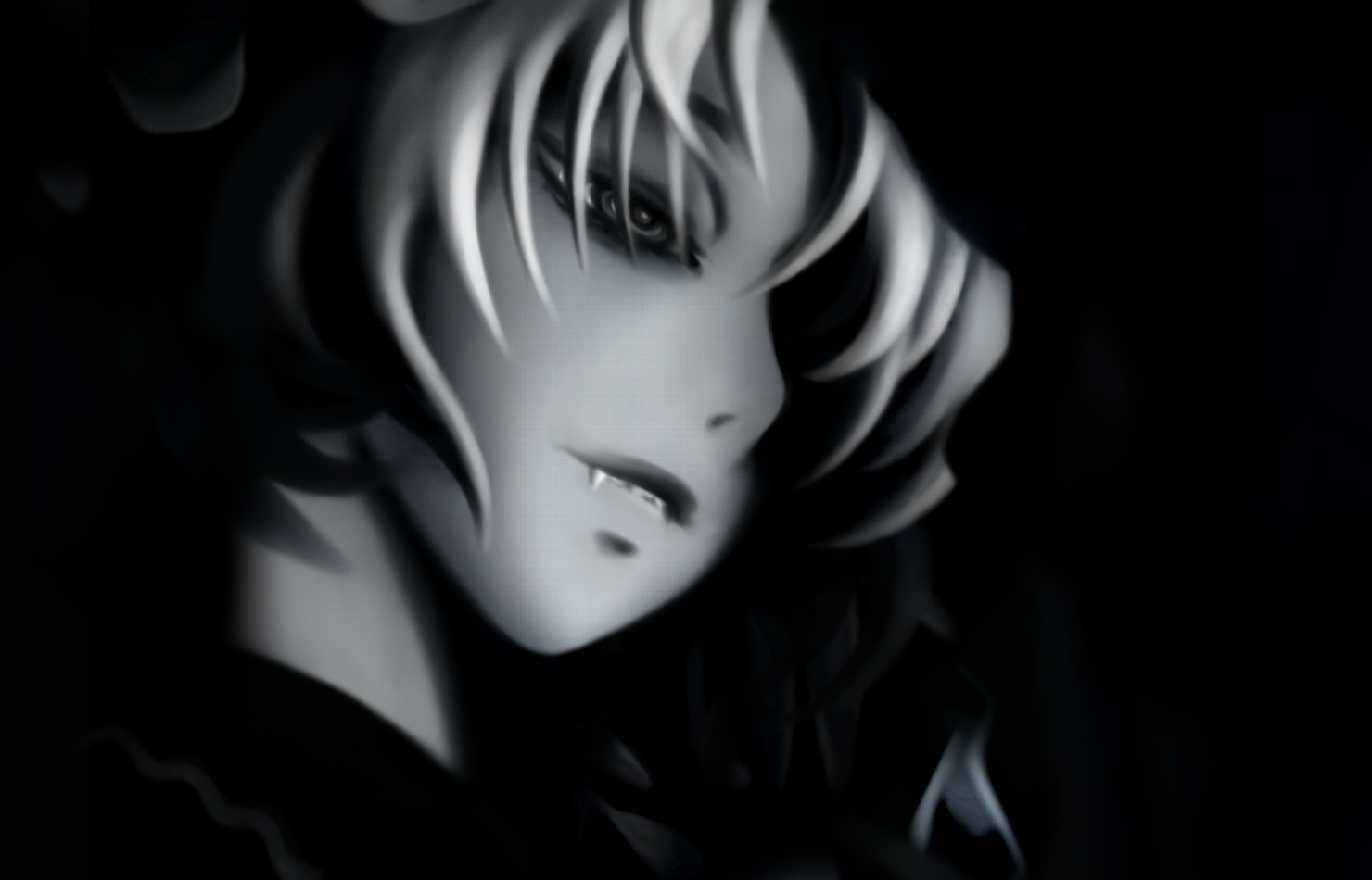 cherry blossoms (artist), futon (kitsune tsuki), kitsune tsuki, yakumo ran, touhou, 1girl, dark, fang, female focus, greyscale, hair over one eye, monochrome, solo