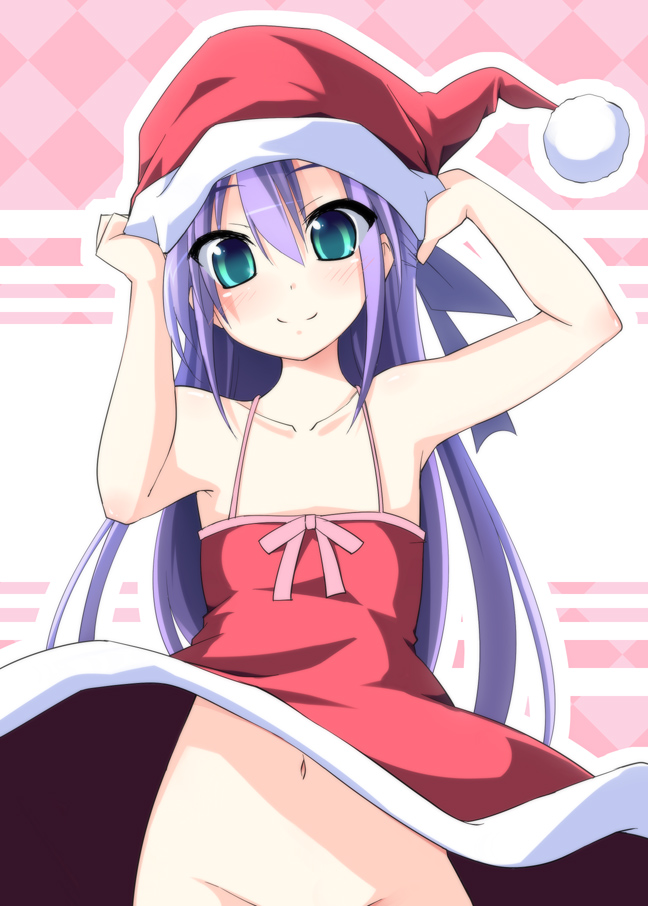 nagami yuu, ginga nakajima, lyrical nanoha, mahou shoujo lyrical nanoha, mahou shoujo lyrical nanoha strikers, 00s, 1girl, aged down, aqua eyes, bare shoulders, bow, dress, female focus, hat, long hair, navel, no panties, out-of-frame censoring, santa hat, smile, solo
