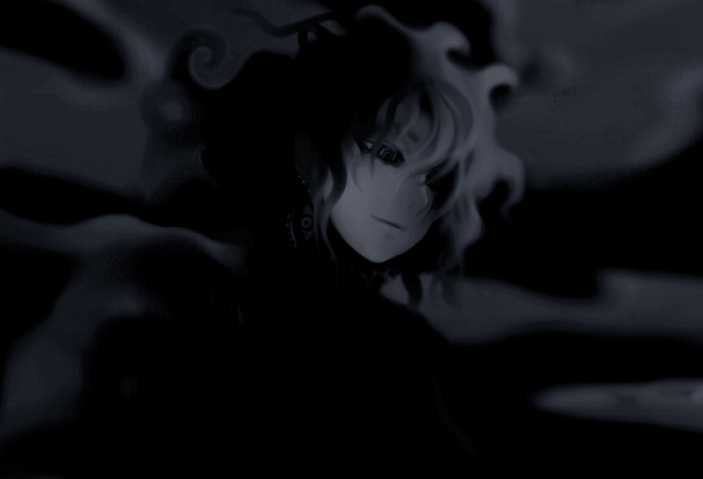 cherry blossoms (artist), futon (kitsune tsuki), kitsune tsuki, yakumo yukari, touhou, 1girl, blue theme, dark, female focus, monochrome, solo