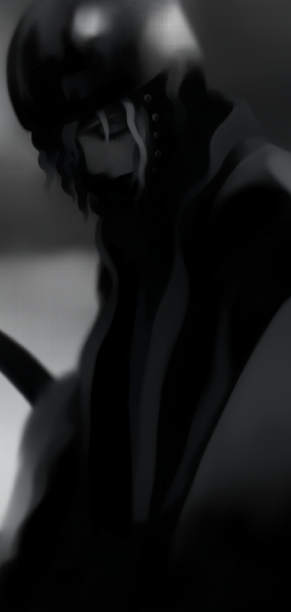 cherry blossoms (artist), futon (kitsune tsuki), kitsune tsuki, yakumo yukari, touhou, highres, 1girl, closed eyes, dark, female focus, greyscale, monochrome, solo