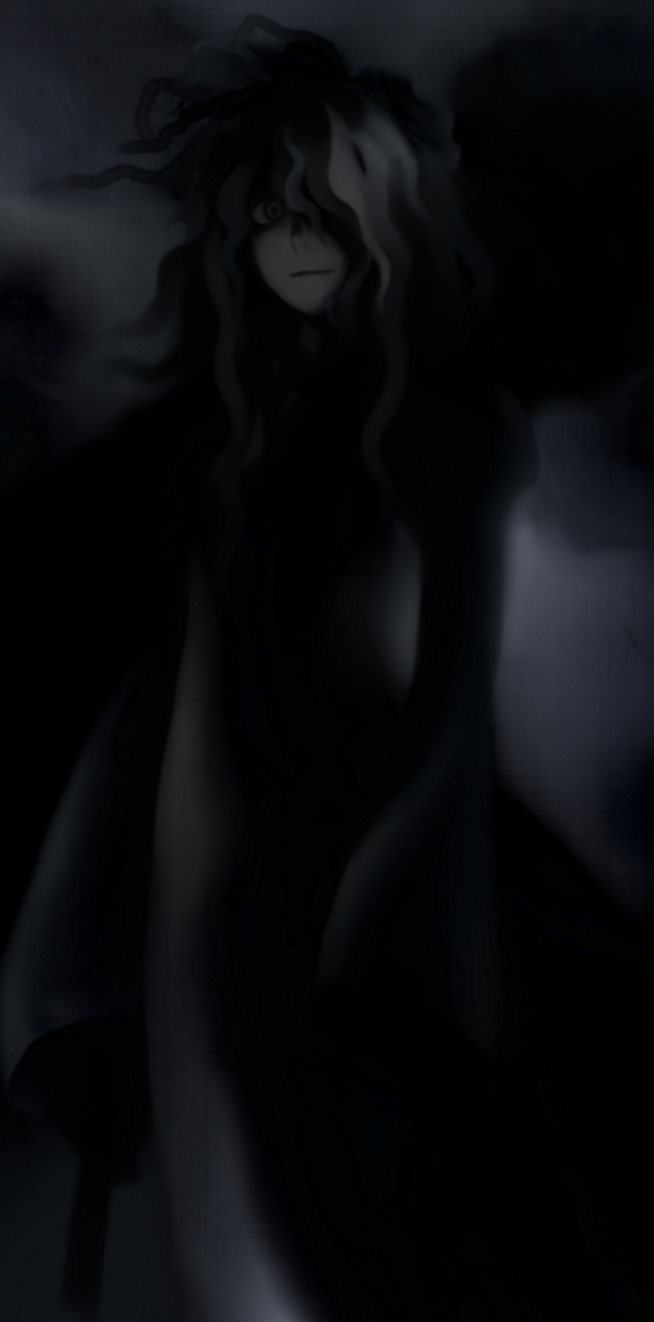 futon (kitsune tsuki), kitsune tsuki, yakumo yukari, touhou, highres, 1girl, dark, female focus, greyscale, monochrome, solo