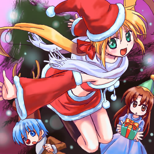 mitsuka (kokudou kensetsu), ayasaki hayate, maria (hayate no gotoku!), sanzen'in nagi, hayate no gotoku!, lowres, 00s, 1boy, 2girls, blonde hair, christmas, detached sleeves, gift, green eyes, hat, long hair, multiple girls, outstretched arms, party hat, reindeer, santa costume, santa hat, scarf, spread arms, twintails