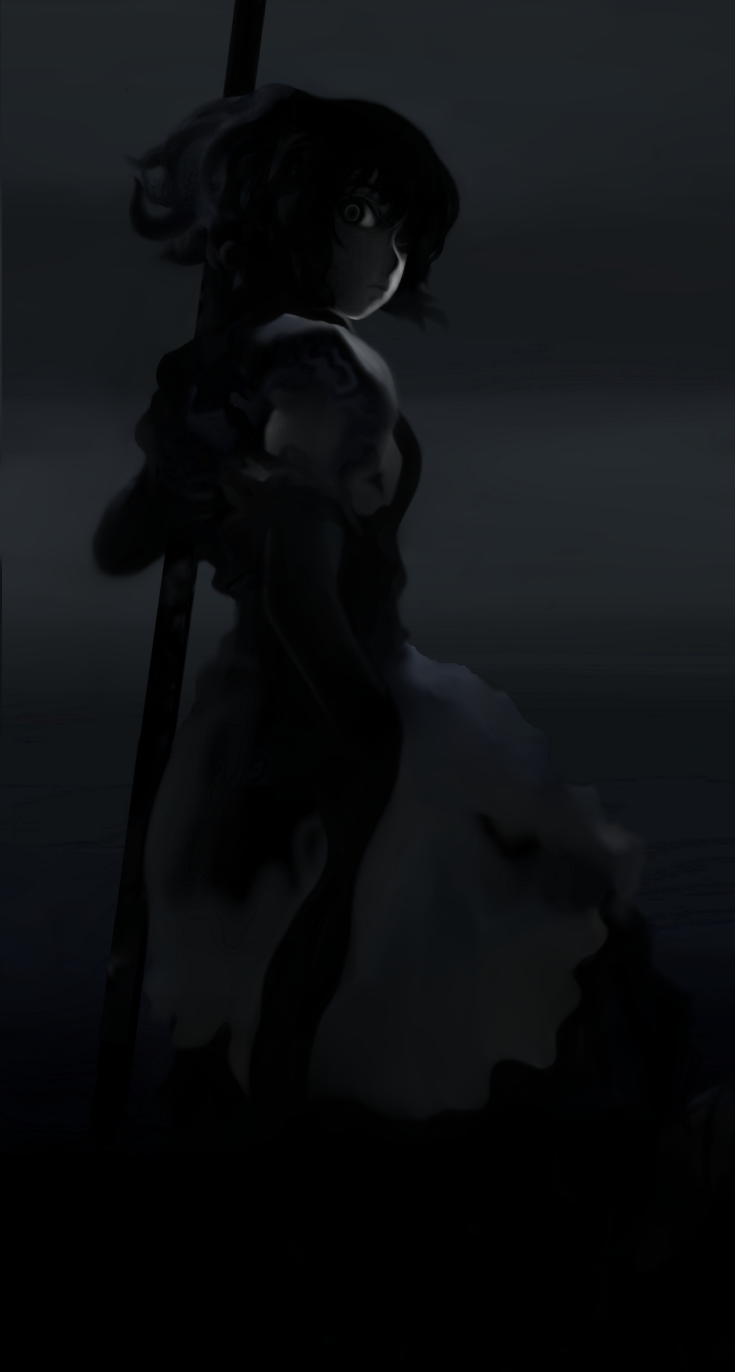 futon (kitsune tsuki), kitsune tsuki, onozuka komachi, touhou, absurdres, highres, 1girl, dark, female focus, greyscale, hair over one eye, monochrome, solo