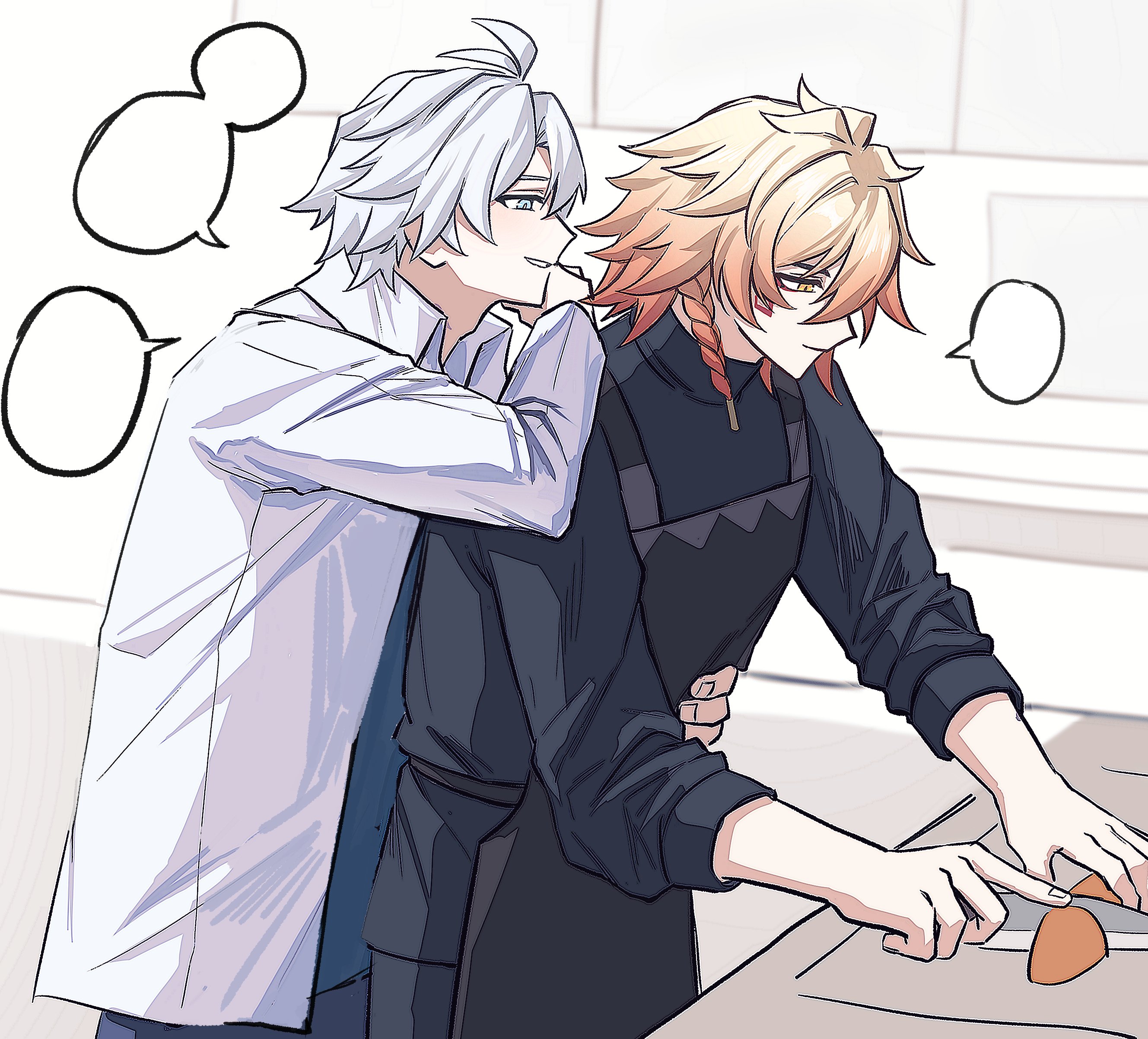 mydei (honkai: star rail), phainon (honkai: star rail), honkai: star rail, honkai (series), absurdres, commentary request, highres, korean commentary, 2boys, antenna hair, apron, black apron, black pants, black sweater, blank speech bubble, blonde hair, blue eyes, braid, collared shirt, cutting board, facial tattoo, gradient hair, hand on another's waist, holding, holding knife, knife, male focus, medium hair, multicolored hair, multiple boys, pants, parted bangs, red hair, red tattoo, shirt, short hair, side braid, speech bubble, sugarsalt o, sweater, tattoo, turtleneck, turtleneck sweater, white hair, white shirt, yellow eyes