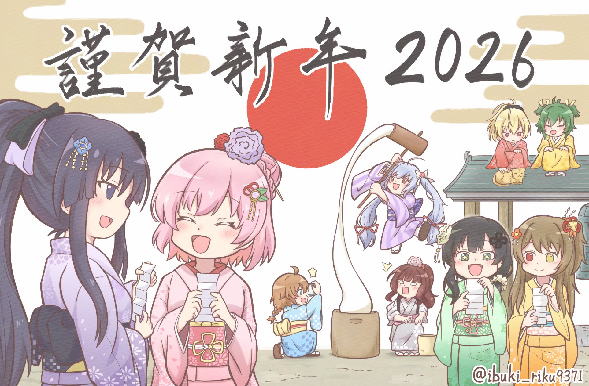 ibuki riku, ando tazusa, futagawa fumi, hitotsuyanagi riri, kaede johan nouvel, kuo shenlin, miriam hildegard von gropius, shirai yuyu, wang yujia, yoshimura thi mai, assault lily, commentary request, highres, translated, + +, 6+girls, :d, = =, ^^^, ^ ^, ahoge, alternate hairstyle, animal, antenna hair, back bow, bell, black bow, black hair, blank eyes, blonde hair, blue bow, blue eyes, blue flower, blue kimono, bow, braid, braided ponytail, brown hair, bucket, bun with braided base, camera, cat, closed eyes, closed mouth, egasumi, fang, floral print, flower, flower knot, green eyes, green hair, green kimono, grey hair, grey kimono, hair bow, hair bun, hair flower, hair ornament, hair ribbon, hands on own knees, hands up, happy new year, heterochromia, high ponytail, holding, holding camera, holding mallet, holding omikuji, japanese clothes, kimono, kine, long hair, long sleeves, looking at animal, looking at another, looking at object, looking down, mallet, midair, mochitsuki, multiple girls, new year, obi, obijime, omikuji, on one knee, on roof, one side up, open mouth, orange kimono, petting, pink hair, pink kimono, ponytail, print kimono, profile, purple eyes, purple flower, purple kimono, red eyes, red flower, red kimono, ribbon, sandals, sash, shoe soles, short hair, sidelocks, single braid, single side bun, sitting, sitting on roof, smile, squatting, standing, tabi, taking picture, tasuki, twitter username, two side up, v-shaped eyebrows, very long hair, white background, white bow, wide sleeves, yellow bow, yellow eyes, yellow kimono, yellow ribbon, zouri