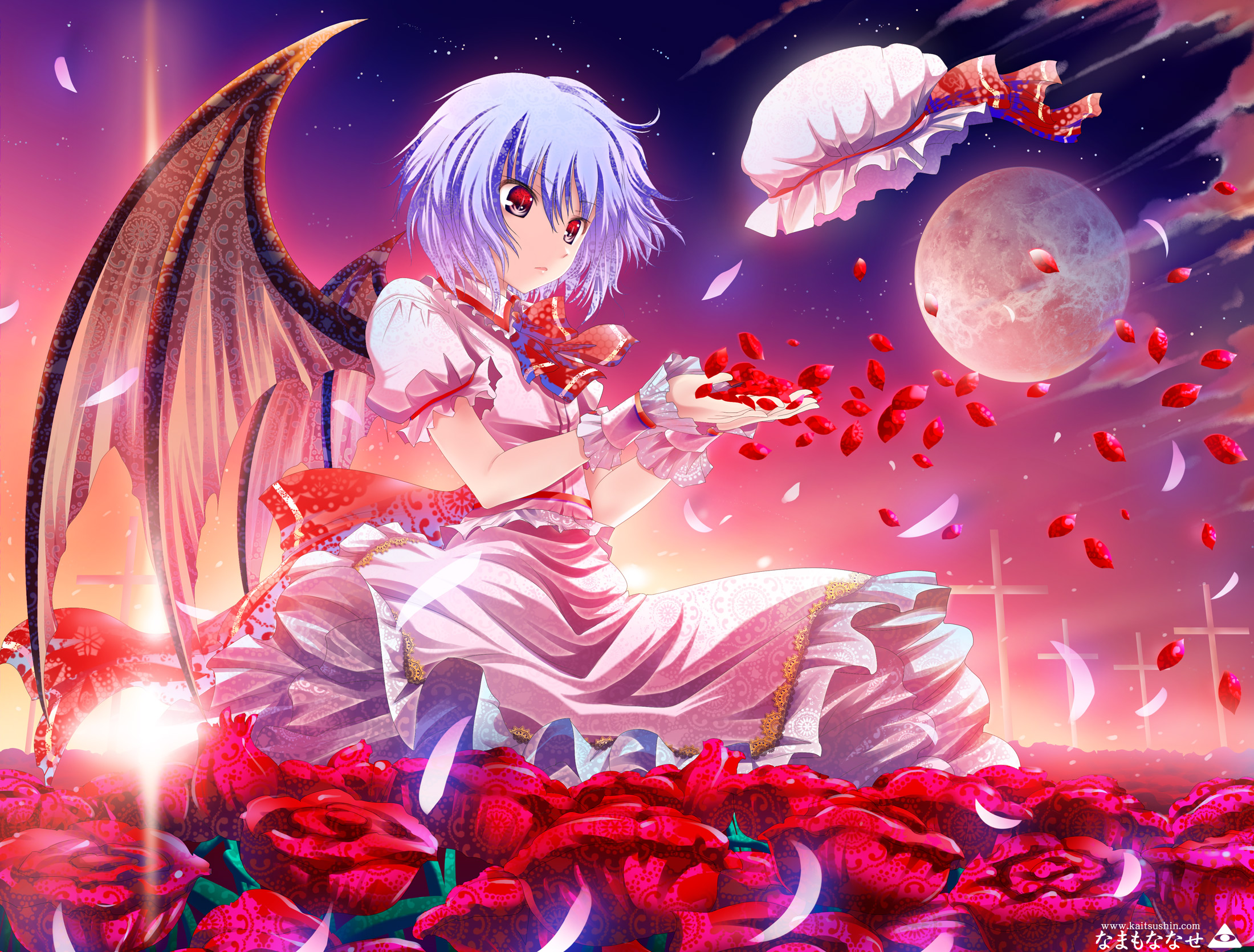namamo nanase, remilia scarlet, touhou, highres, 1girl, artist name, bat wings, blue hair, female focus, flower, hat, looking down, moon, open hands, outstretched hand, petals, red eyes, red flower, red rose, rose, short hair, solo, sunset, unworn hat, unworn headwear, watermark, web address, wings