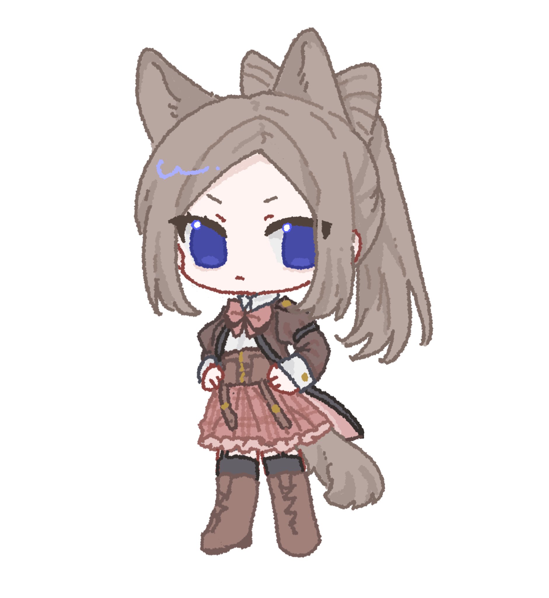 ichinomiya michaela himari, assault lily, highres, 1girl, animal ears, black thighhighs, blue eyes, boots, bow, bow-shaped hair, bowtie, brown boots, brown bow, brown bowtie, brown hair, brown jacket, brown skirt, cat ears, cat girl, cat tail, chibi, closed mouth, corset, frilled skirt, frills, full body, garter straps, gatti love, hands on own hips, high ponytail, jacket, kemonomimi mode, knee boots, long hair, long sleeves, looking at viewer, ludvico private girls' academy school uniform, miniskirt, no pupils, open clothes, open jacket, parted bangs, plaid clothes, plaid skirt, ponytail, school uniform, simple background, skirt, solo, standing, tail, thighhighs, underbust, v-shaped eyebrows, white background
