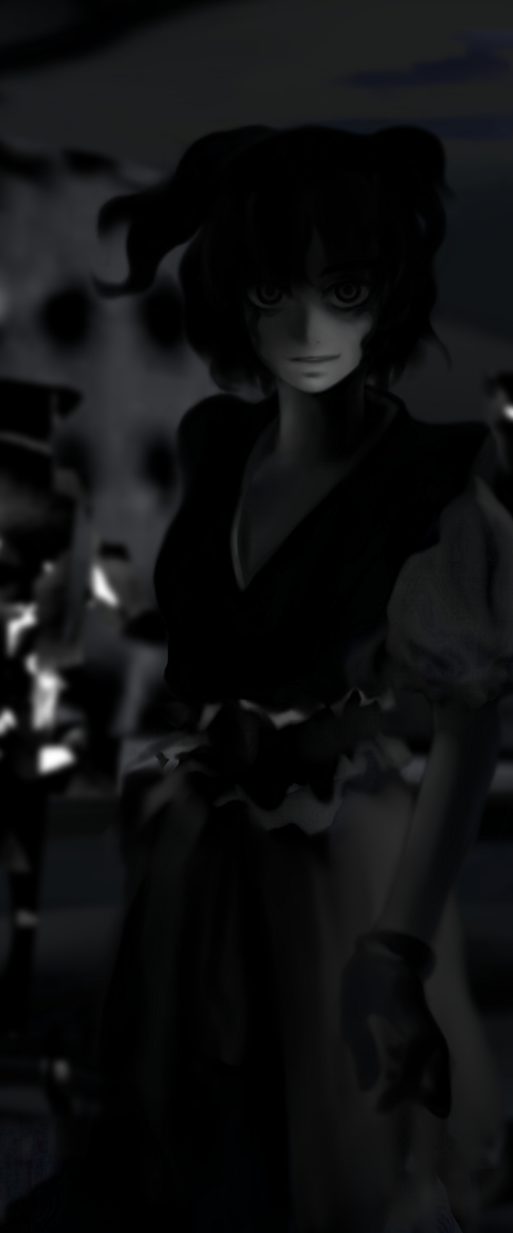 futon (kitsune tsuki), kitsune tsuki, onozuka komachi, touhou, absurdres, highres, 1girl, dark, female focus, gloves, greyscale, monochrome, short hair, solo, twintails, two side up